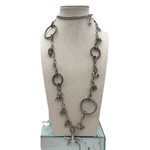 Silver Tone Nautical Summer Charm Link Necklace Shells Fish Lobster Crystal Fun